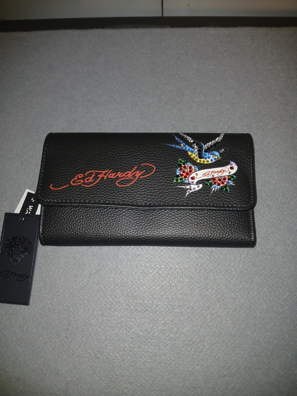 Ed Hardy Black Leather Wallet with Colorful Tattoo Swallow and Script Logo